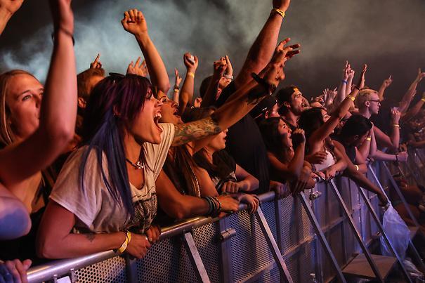 cheering people behind a barricade