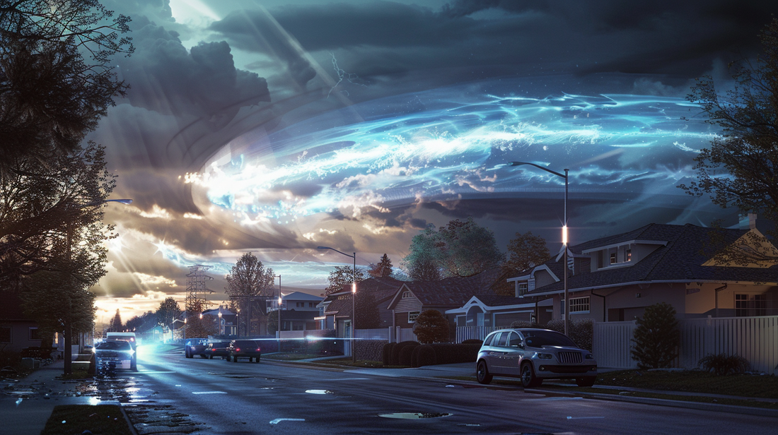 an 3d rendering visualizing the effects of an emp attack in a suburban neighborhood.