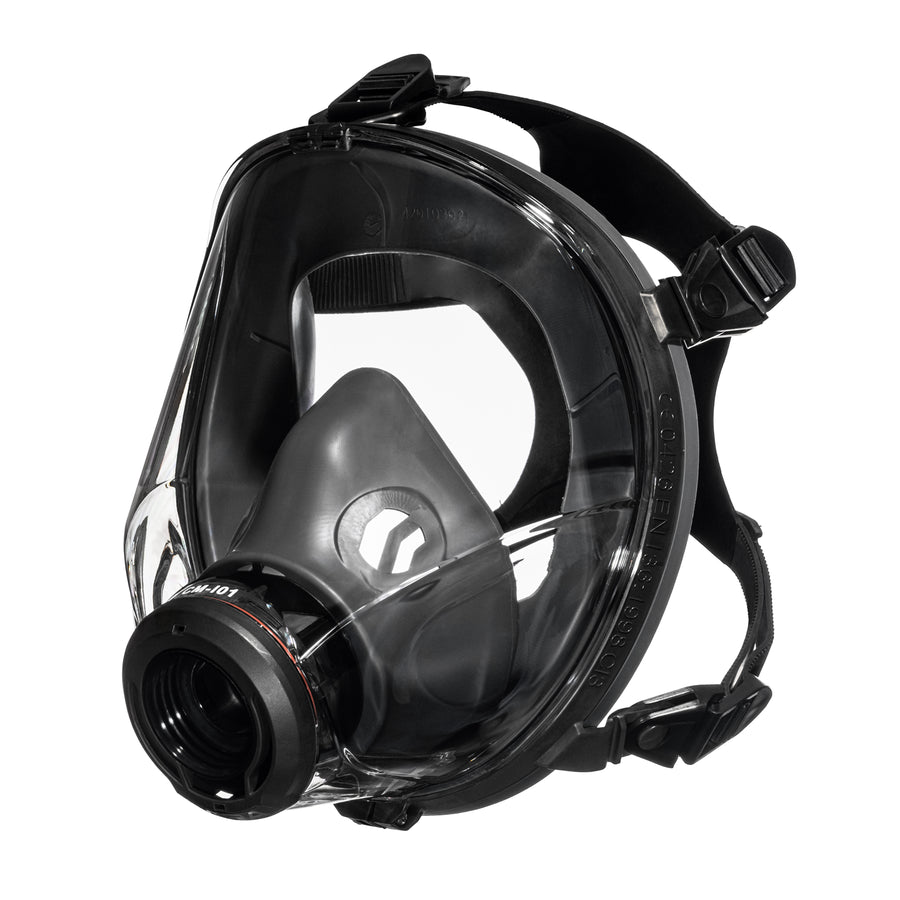 3/4 left side medium shot of the CM-I01 respirator in black.