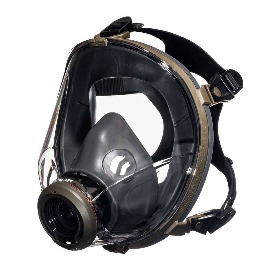 3/4 left side medium shot of the CM-I01 respirator in green.