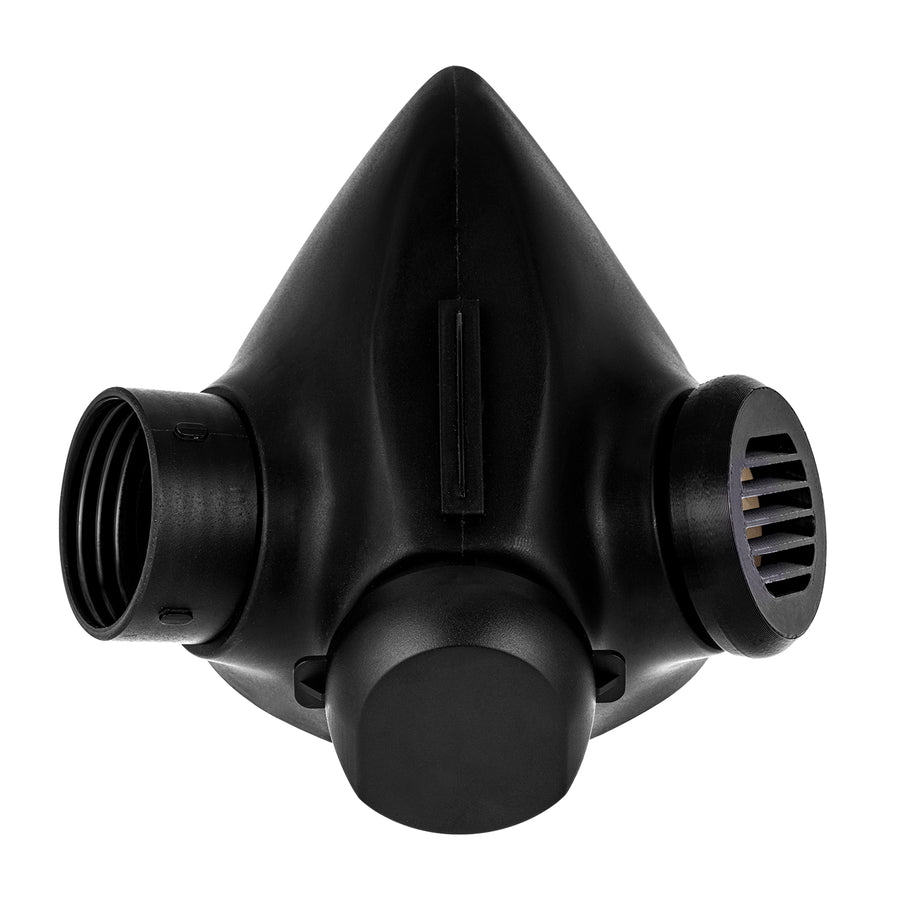 Close up, center shot of the front of the TAPR half face respirator, configured with the filter port on the right side, meant for left handed users.