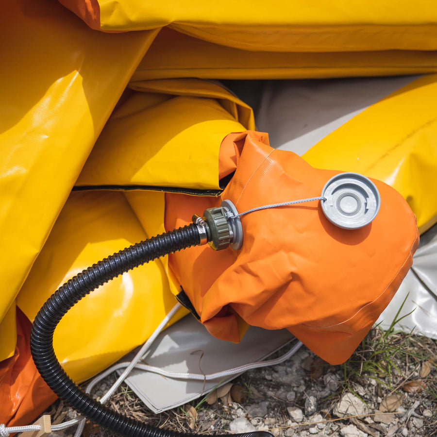 A close up shot of the decontamination shower's nozzles and valve systems, while deflated.